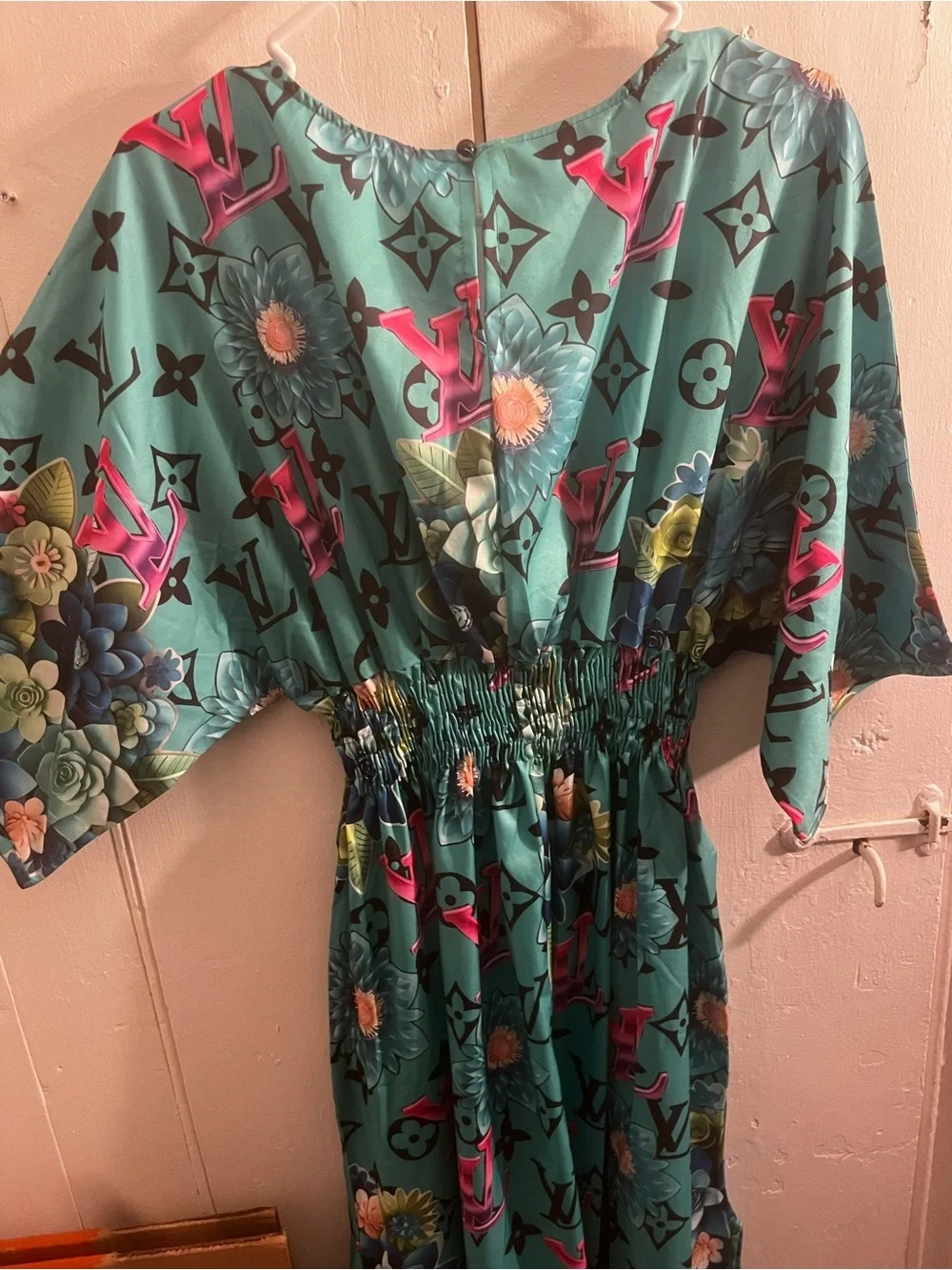 Brand New long Turquoise Floral Logo V-Neck Midi Dress